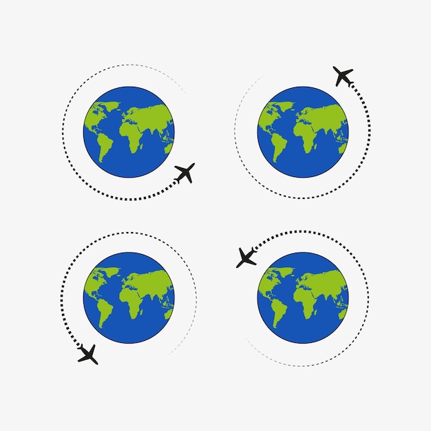 Fliegendes flugzeug der pfad flugzeug fliegt um die welt flache vektorillustration