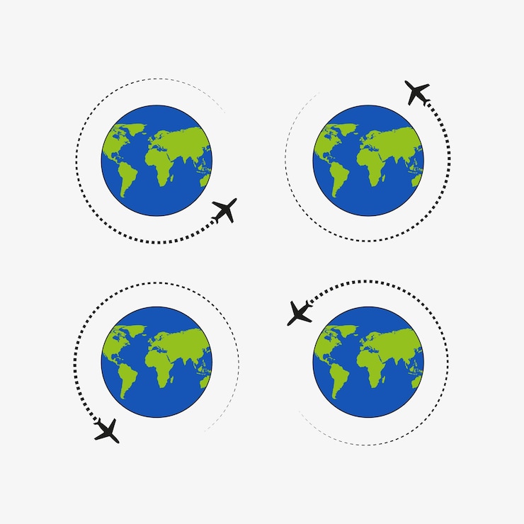 Vektor fliegendes flugzeug der pfad flugzeug fliegt um die welt flache vektorillustration