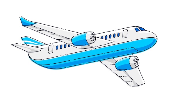 Fliegendes passagierflugzeug isoliert auf weißem hintergrund, schöne dünne linie 3d-vektorillustration.