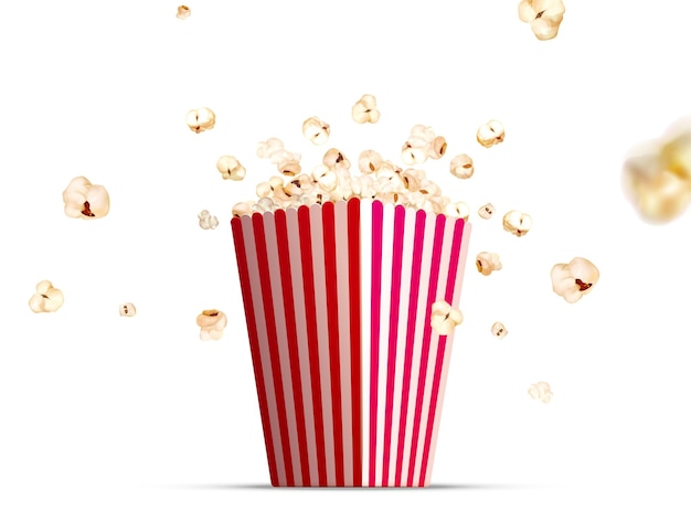 Fliegendes Popcorn aus einem papiergestreiften Eimer, isoliert auf weißem Hintergrund Konzept des Fernsehens oder des Kinos in 3D-Illustration