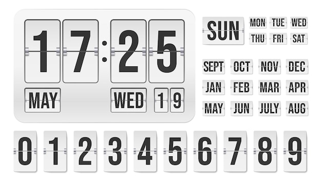 Flip clock mechanischer countdown-timer mit stunden-datums-monatsanzeigen analoge zeittafelanzeige mit zahlenzähler vektorillustration