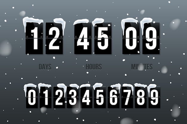 Flip countdown zeigt tage, stunden und minuten auf schneehintergrund mit festgelegten zahlen.