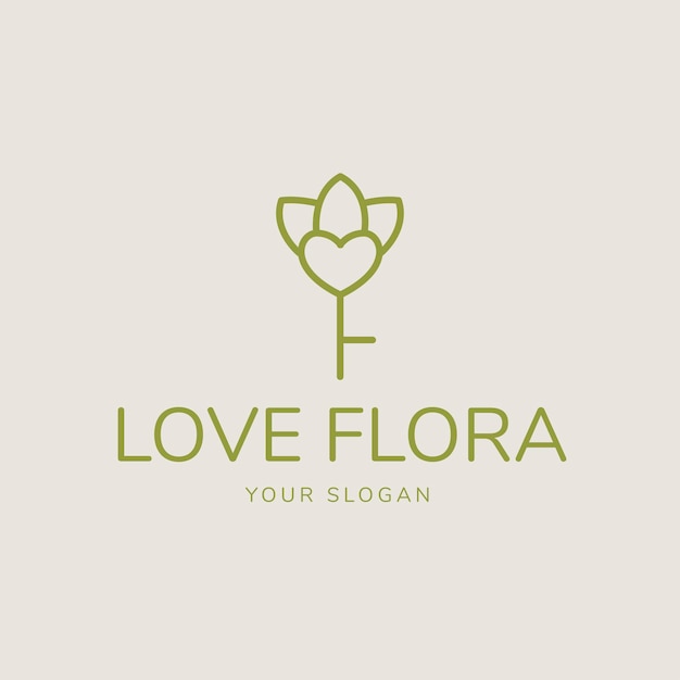 Vektor flora-logo-design mit blumenherzschlüssel und f-buchstaben im minimalen stil