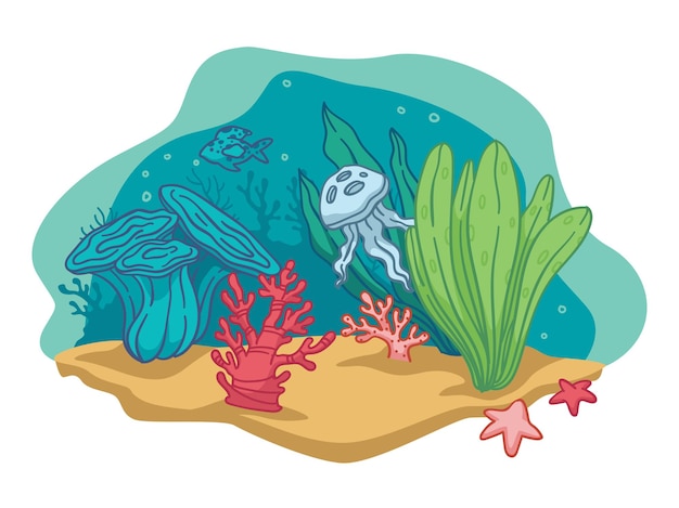 Flora und fauna unter wasser, isolierte tiefe von meer oder ozean. landschaft des meereslebens. aquarium mit algen und seesternen, quallen oder tintenfischen. sandiger boden mit botanik-dekor. vektor im flachen stil