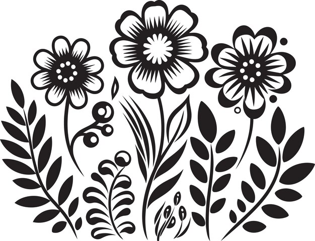 Floral Delight Schwarz Doodle Logo Witzige Illustration Vektor Blumen Emblem