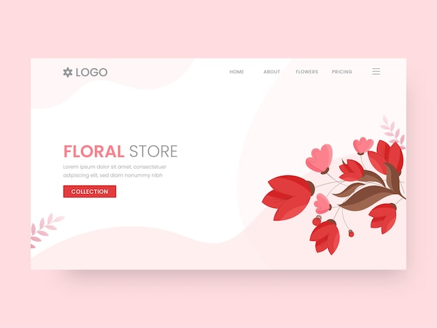Floral store landing page oder hero banner design in rosa und weißer farbe.
