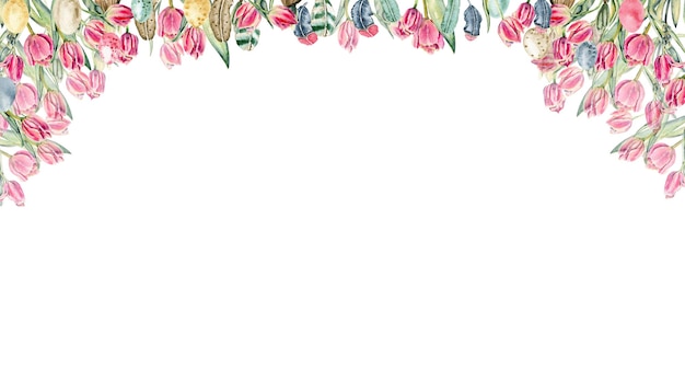 Florale nahtlose horizontale Grenze mit rosa Blumen, grünen Blättern und Pflanzen, Tulpen. Aquarell pat