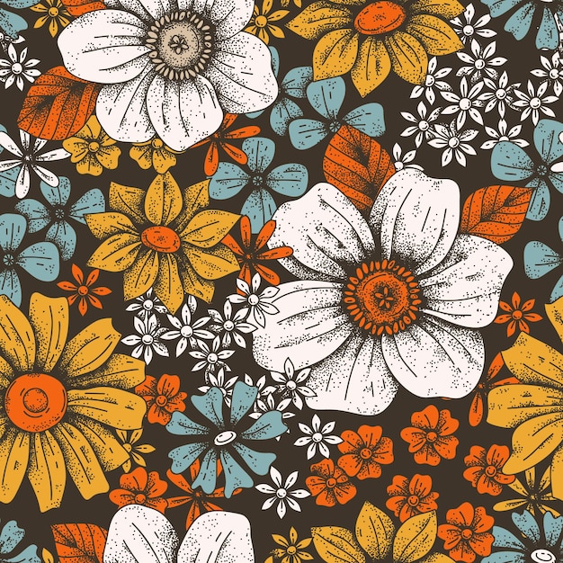 Floraler Retro-Hintergrund. Vektornahtloser Hintergrund mit Blumen im Vintage-Stil. Blumenkind