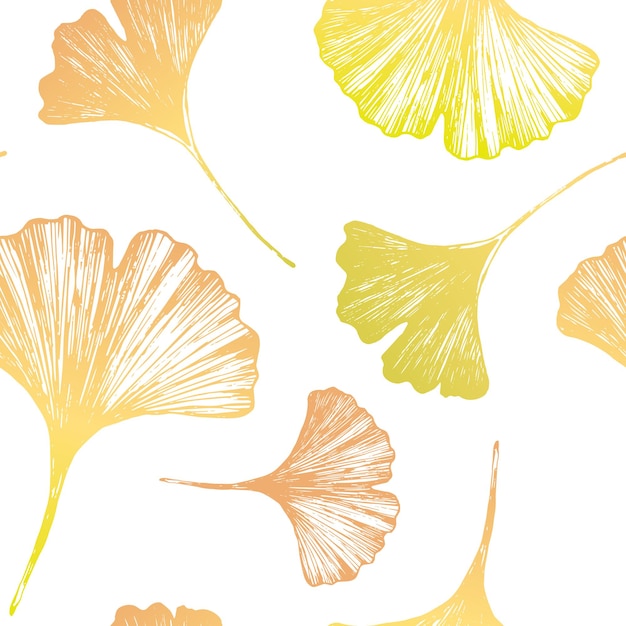 Florales, nahtloses Vektormuster mit handgezeichneten japanischen Ginkgo-Biloba-Blättern. Gold und grünes Blatt auf weißem Hintergrund für Stoffdruck, Tapete, medizinisches Design