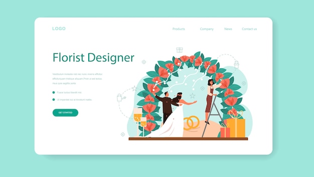 Floristen, die hochzeitsbogen mit rosenwebbanner oder landingpage verzieren