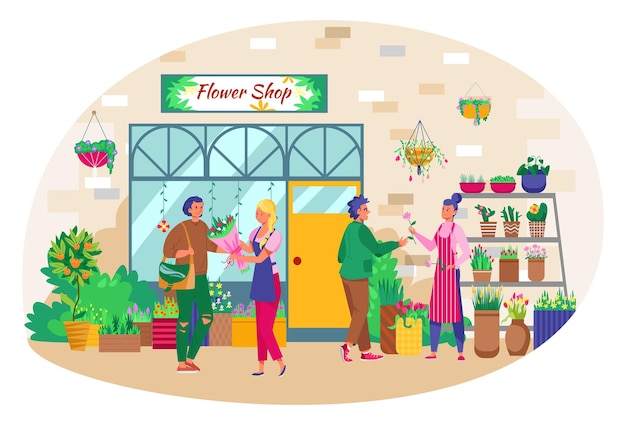 Floristin verkauft einzelhandelspflanze vektorillustration kundenmann charakter kauft blumenstrauß im blumenladen mit grünem blumentopf für haus