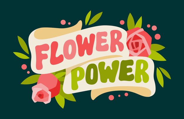 Flower power süße typografie-karte mit bändern und rosen illustrationen vektor handgezeichnete schriftdesignvorlage frühling sommer ostern-thematische illustration drucken posterkarte modezwecke
