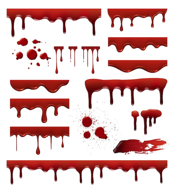 Flüssiges Blut. Rote Saucen Tropfen Spritzer Blob Blutfleck Vorlagen Sammlung. Blutflüssigkeit, Klecks und Fleck, Tropfspritzerillustration