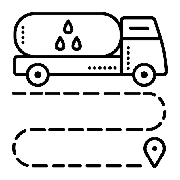 Flüssigkeitslieferung per lkw-tankwagen mit zisterne großes fahrzeug mit tank schwarzer linie vektor