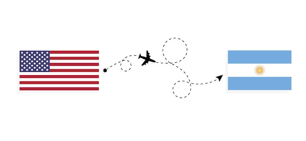 Flug und reise von den usa nach argentinien mit dem passagierflugzeug reisekonzept