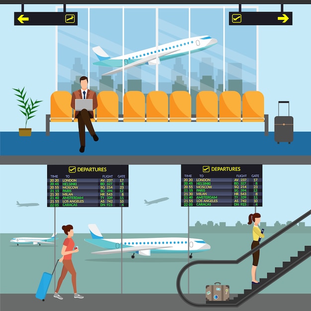 Flughafen passagierterminal und wartezimmer. internationale ankunft und abreise hintergrundillustration