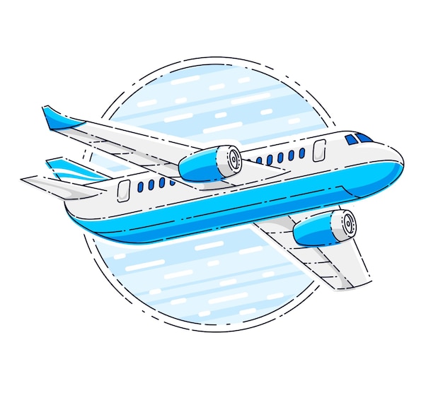 Flugreisen-Emblem oder Illustration mit Flugzeugflugzeug und runder Form. Schöner dünner Linienvektor lokalisiert über weißem Hintergrund.