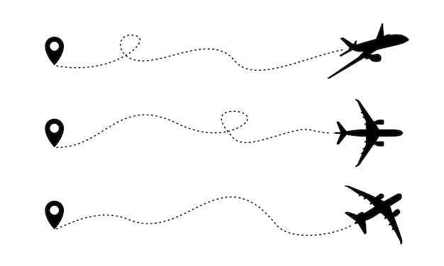 Flugrouten. Reise-Vektor-Symbol. Fahren Sie vom Startpunkt aus und verfolgen Sie die gepunktete Linie.