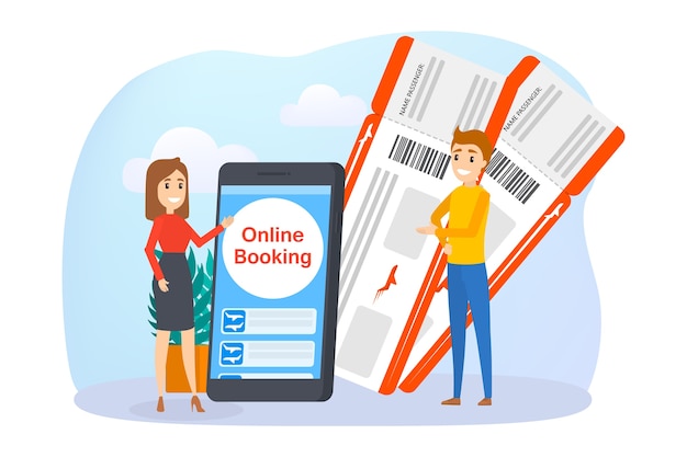 Flugticket online im smartphone buchen. flug- und reisekonzept. sommerferienplanung. illustration