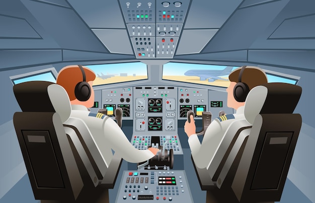Flugzeug-Cockpit-Ansicht mit Bedienfeldtasten, Armaturenbrettsteuerung und Pilotenstuhl mit Piloten