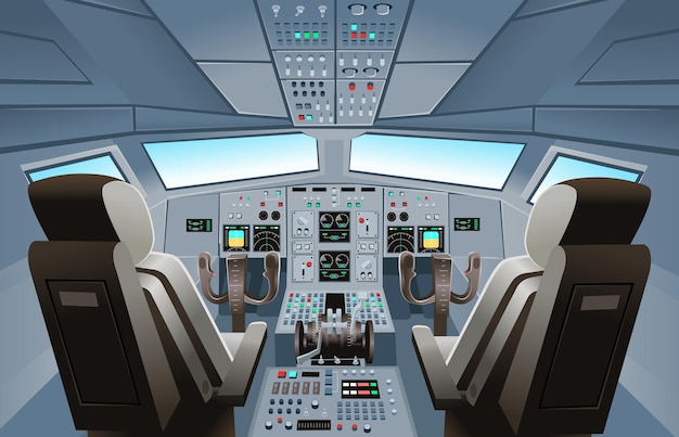 Vektor flugzeug-cockpit-ansicht mit bedienfeldtasten, armaturenbrettsteuerung und pilotenstuhl