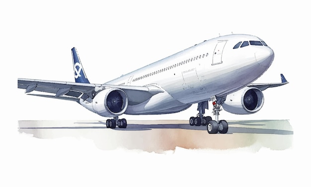 Flugzeug, das im bewölkten Himmel fliegt, Aquarell-Illustration hebt währenddessen von der Landebahn des Flughafens ab