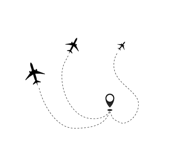 Flugzeug-linienpfad-vektorsymbol der strichlinie der flugroute des flugzeugs mit startpunkt