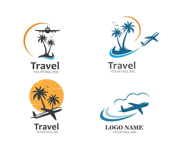 Flugzeug mit palmen-symbol-logo der reise- und reisebüro-vektorillustration