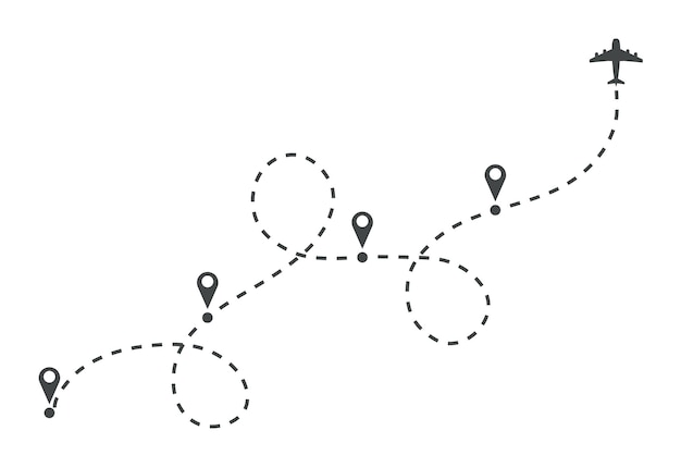 Vektor flugzeug punktroutenlinie flugtourismusroutenbahn flugzeug flugroutenplan start-pin ziel