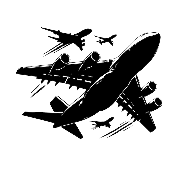 Vektor flugzeug-silhouette-satz verschiedener flugzeugsilhouetten im flug