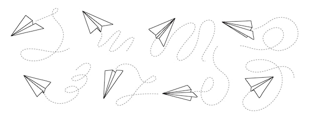 Vektor flugzeug-symbol mit fly-rout-vektor papierflugzeug im handgezeichneten stil umrisspapierflugzeug doodle-nachricht sms-e-mail-symbole