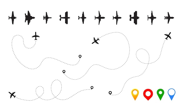 Flugzeugpfad flugzeugsilhouetten mit route flugzeugverfolgung umrisse von zivil- und militärflugzeugen moderne und historische luftfahrzeuge standortschilder vektorsatz für verkehrsspuren