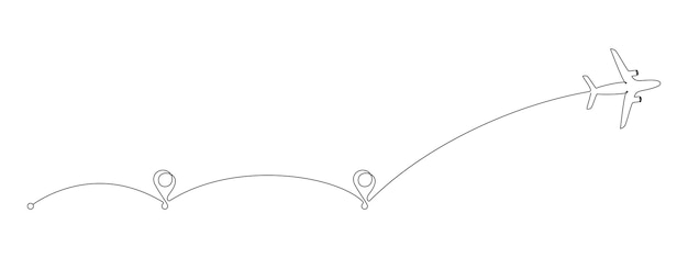 Flugzeugpfad und -punkt in einer durchgehenden linienzeichnung geschäftskonzept der weltreise und der internationalen fluglinie mit straße in einfachem linearem stil bearbeitbarer strich doodle-vektorillustration