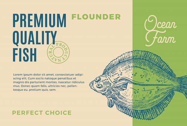 Flunder in Premiumqualität. Abstraktes Fischverpackungsdesign oder -etikett. Moderne Typografie und handgezeichnete Flunder Silhouette Hintergrund Layout