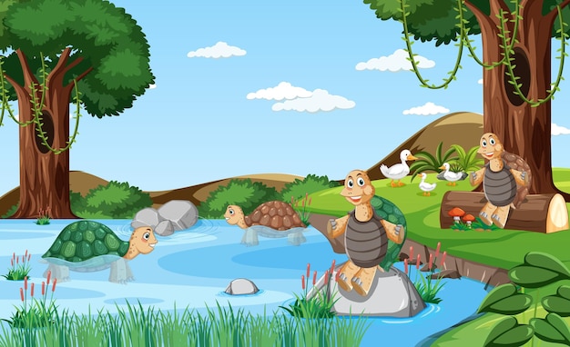 Fluss im wald mit schildkröten im cartoon-stil