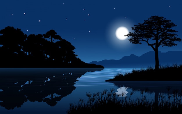 Fluss in einer Waldlandschaft mit Mond und Sternen