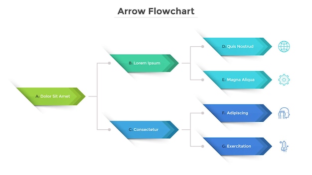 Flussdiagramm oder workflow-diagramm mit verbundenen bunten bandähnlichen elementen. modernes schema, das den entwicklungsprozess darstellt. einfache infografik-design-vorlage. vektorillustration für die präsentation.
