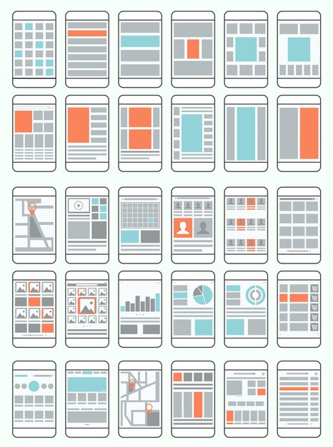 Vektor flussdiagramme für mobiltelefone, wireframes, schnittstellenlayouts für mobile anwendungen