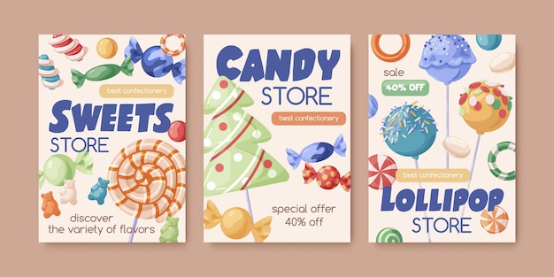 Vektor flyer-designs für süßwarenläden, plakatvorlagen für süßwarenläden, promo-hintergründe mit lutschern, zuckerbonbons, karamellen und süßwaren, werbekarten mit süßwaren, flache vektorillustrationen