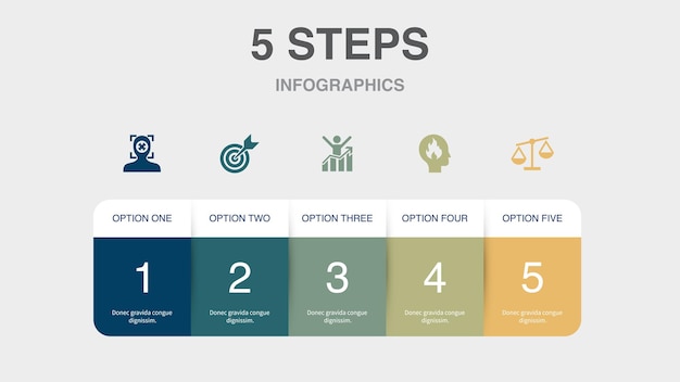 Fokus ziel motivation leidenschaft integrität symbole infografik designvorlage kreatives konzept mit 5 schritten