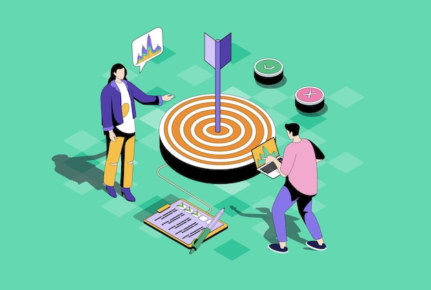 Fokusgruppe Webkonzept in 3D-isometrischem Grafikdesign Isometrie-Menschen-Szene mit Marketing-Team, das Kundenpublikum und -verhalten für Targeting und Werbestrategie untersucht Vektorillustration