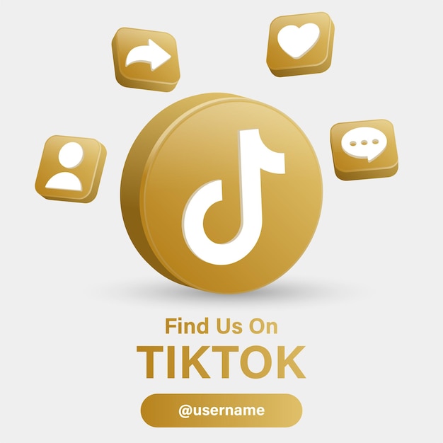 Folgen sie uns auf tiktok-social-media-logos mit 3d-logo im modernen goldenen rahmen und benachrichtigungssymbolen