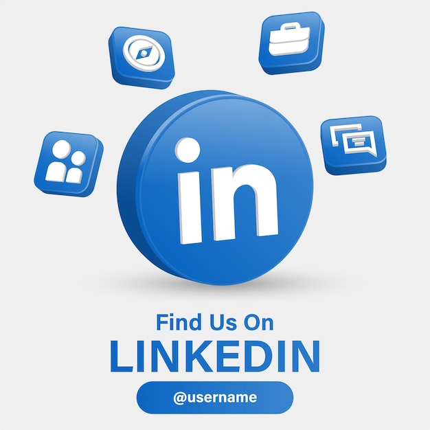 Folgen Sie uns auf verlinkten Social-Media-Logos mit 3D-Logo im modernen Rahmen mit Benachrichtigungssymbolen