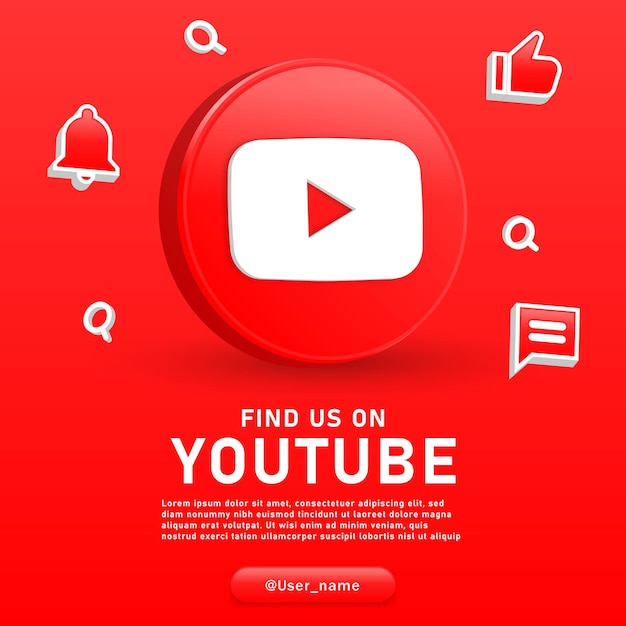 Folgen Sie uns auf YouTube 3D-Logo mit Social-Media-Hintergrundbenachrichtigungssymbolen wie Kommentarglockensymbol