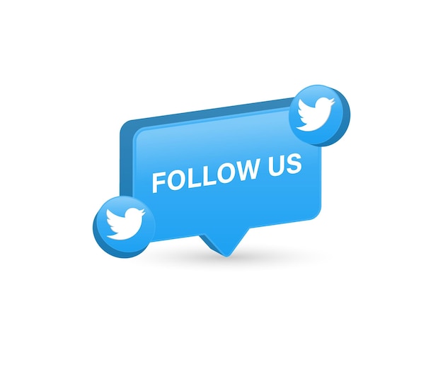 Folgen Sie uns Twitter in 3D-Sprechblase mit Render-Twitter-Icon-Logo. Schließen Sie sich uns Social-Media-Icons an