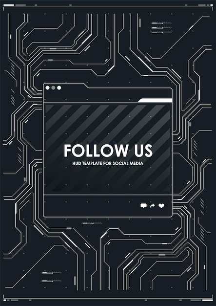 Folgen sie uns vorlage mit futuristischem hud-hintergrund social-media-layout im cyber-stil