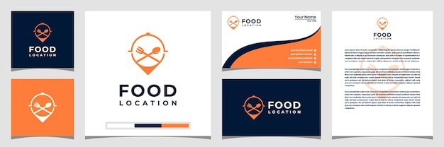 Food location logo design, mit dem konzept einer pin visitenkarte und briefkopf