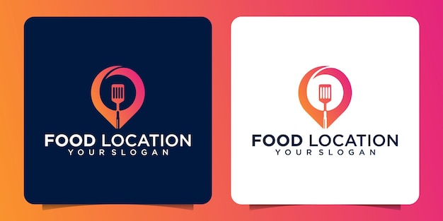 Food location logo design, mit einem pin-symbol kombiniert mit spatel