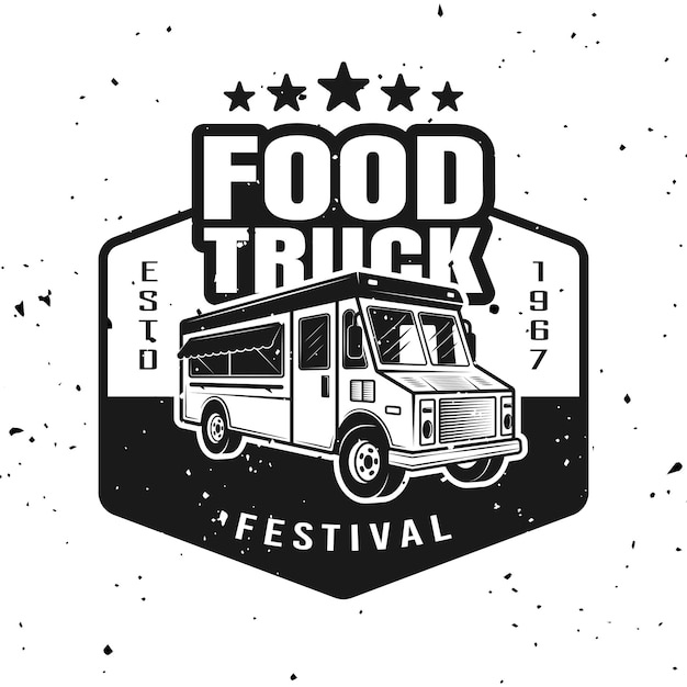 Food truck vektor monochromes emblem, abzeichen, etikett, aufkleber oder logo im vintage-stil isoliert auf weißem hintergrund mit abnehmbaren texturen