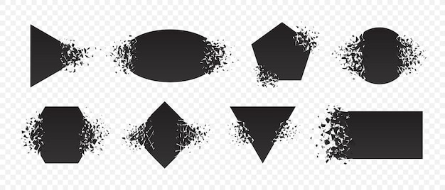 Form-Explosion gebrochen und zerbrochen Flach-Stil-Design-Vektor-Illustrations-Set